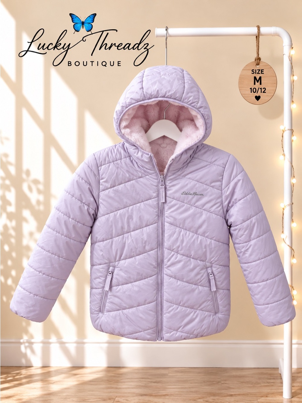 Eddie Bauer Girls Medium (10/12) Purple/Lilac Reversible Puffer Faux Fur Jacket